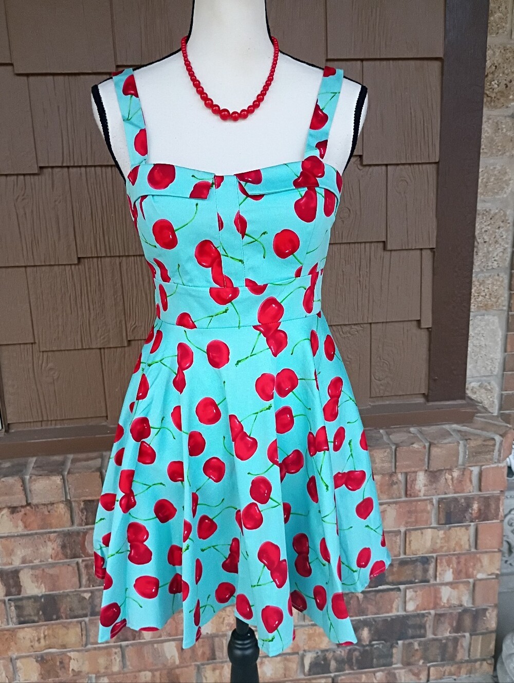 Ixia Blue & Red Cherry Print Rockabilly Retro Pinup Vintage Fit & Flare Dress